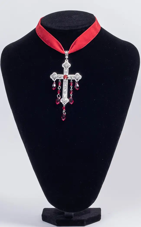 Velvet Choker w Jewelled Cross | Red-Cold Black Heart-Tragic Beautiful