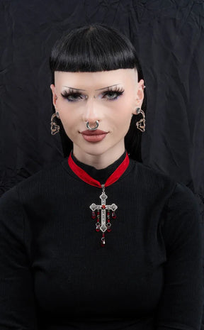 Velvet Choker w Jewelled Cross | Red