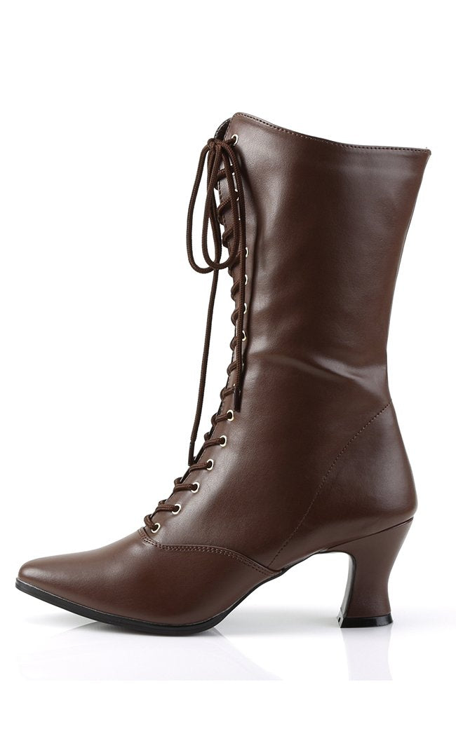 VICTORIAN-120 Brown Pu Boots-Funtasma-Tragic Beautiful