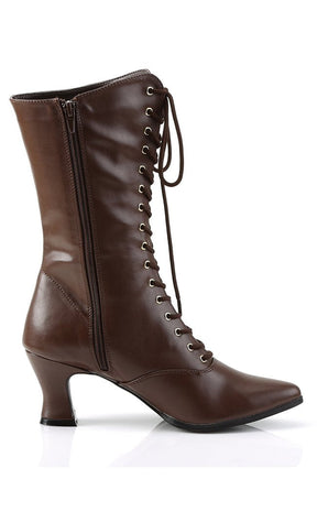 VICTORIAN-120 Brown Pu Boots-Funtasma-Tragic Beautiful