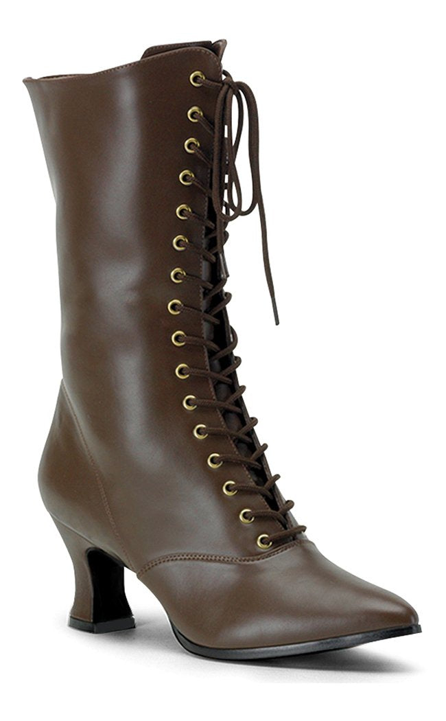 VICTORIAN-120 Brown Pu Boots-Funtasma-Tragic Beautiful