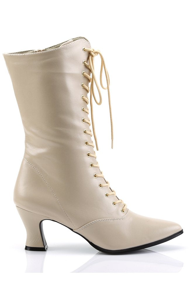 VICTORIAN-120 Cream Pu Boots-Funtasma-Tragic Beautiful