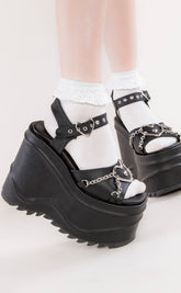 WAVE-09 Black Vegan Leather Platform Sandals-Demonia-Tragic Beautiful