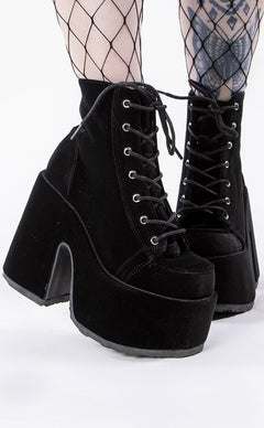 Demonia CAMEL-203 Black Velvet Ankle Boots | Goth Alt Shoes Australia