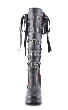 CRYPTO-106 Black & Red Lace Knee High Boots-Demonia-Tragic Beautiful