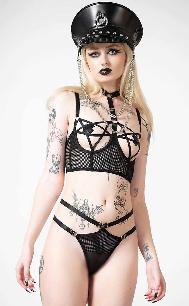 Black Lingerie , Gothic Underwear, Lace Sexy Strapped Bralette and  Brazilian Pantie Lingerie Set 