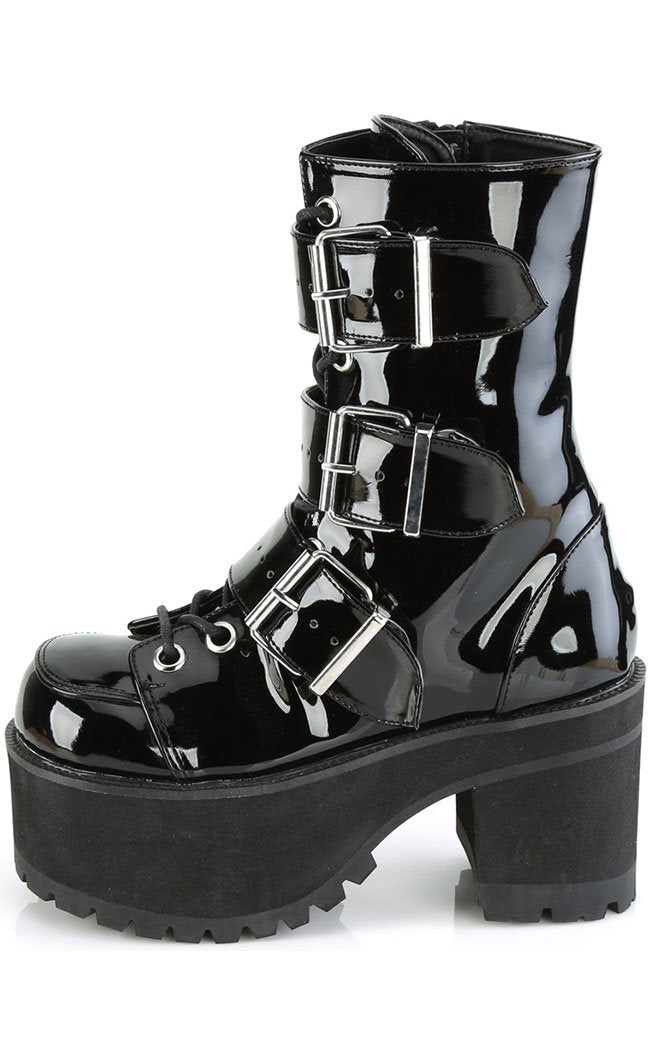 RANGER-308 Black Patent Buckled Boots-Demonia-Tragic Beautiful