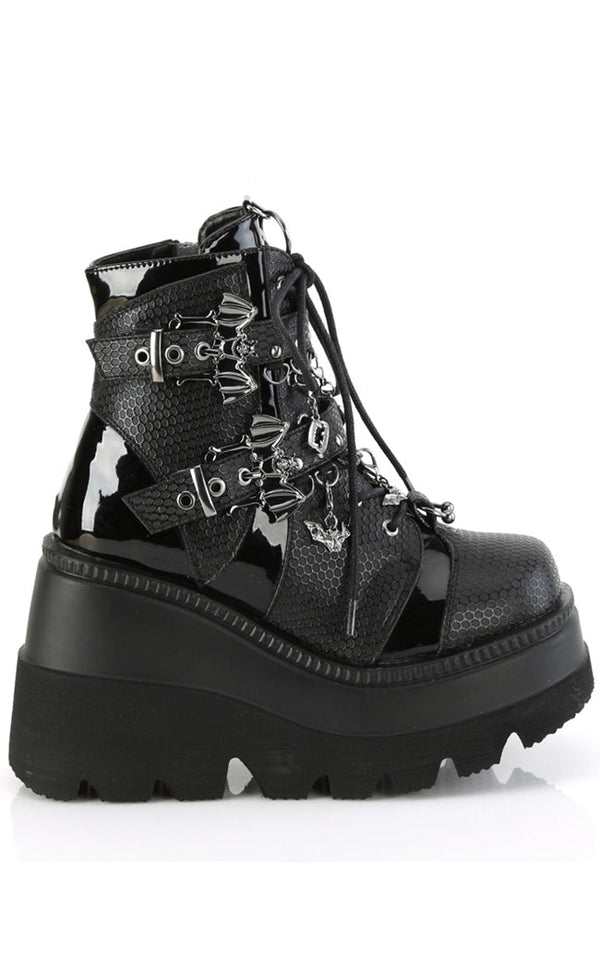 SHAKER-66 Black Bat Platform Ankle Boots | Demonia Footwear Australia