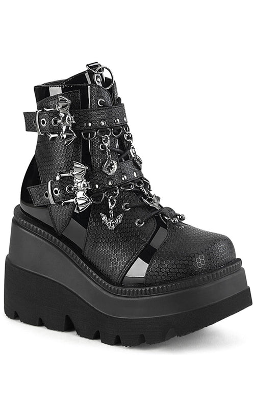 SHAKER-66 Black Bat Platform Ankle Boots | Demonia Footwear Australia