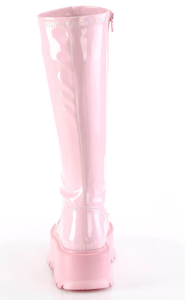 SLACKER-200 Baby Pink Patent Knee High Platform Boots-Demonia-Tragic Beautiful