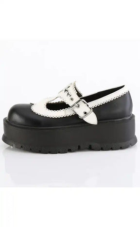 SLACKER-23 Black & White Vegan Leather Mary Janes-Demonia-Tragic Beautiful