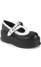 SLACKER-23 Black & White Vegan Leather Mary Janes-Demonia-Tragic Beautiful